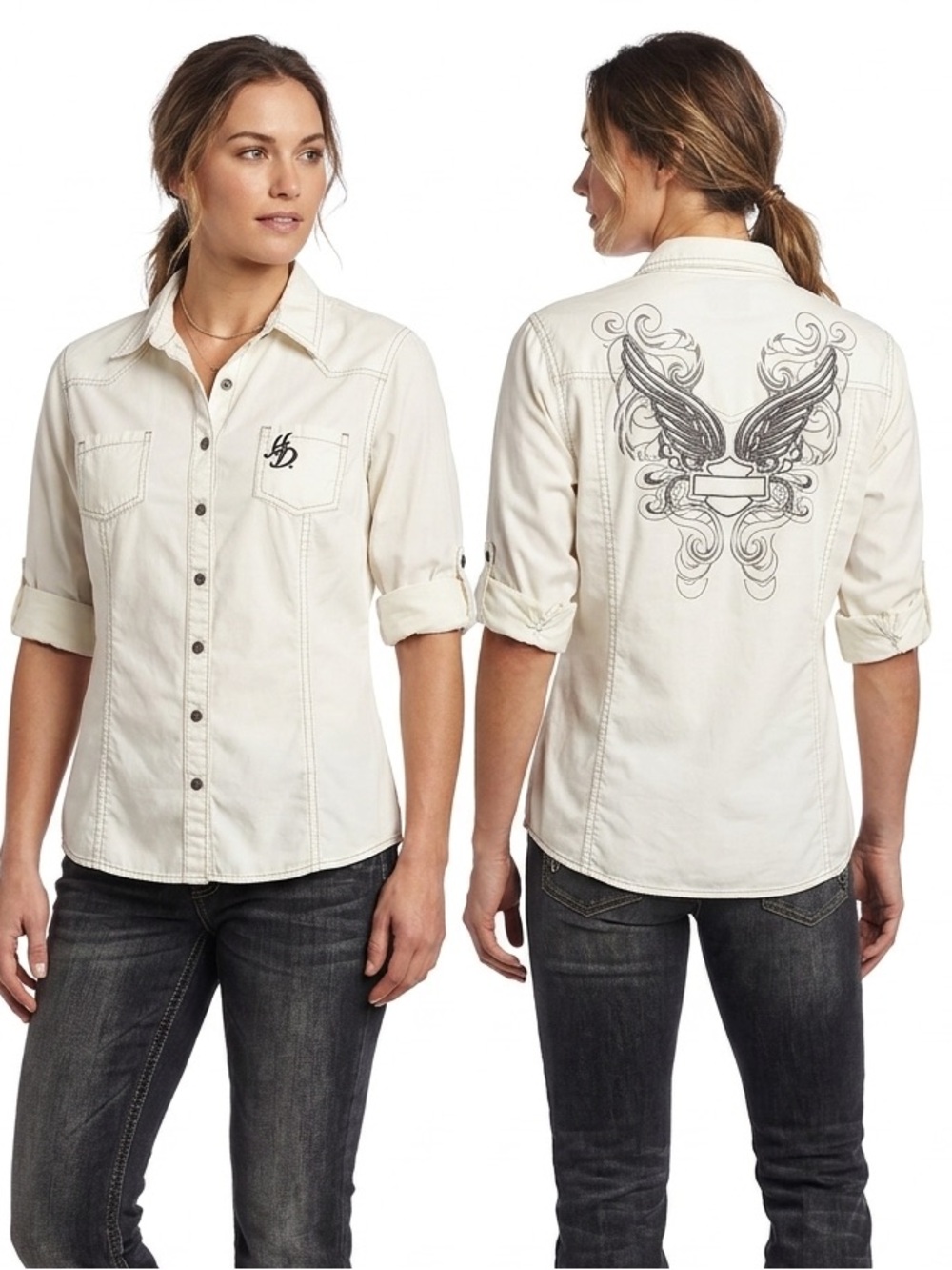 Harley Davidson White Winged Button Up Shirt Large Biker Moto Western Boho - Picture 16 of 16